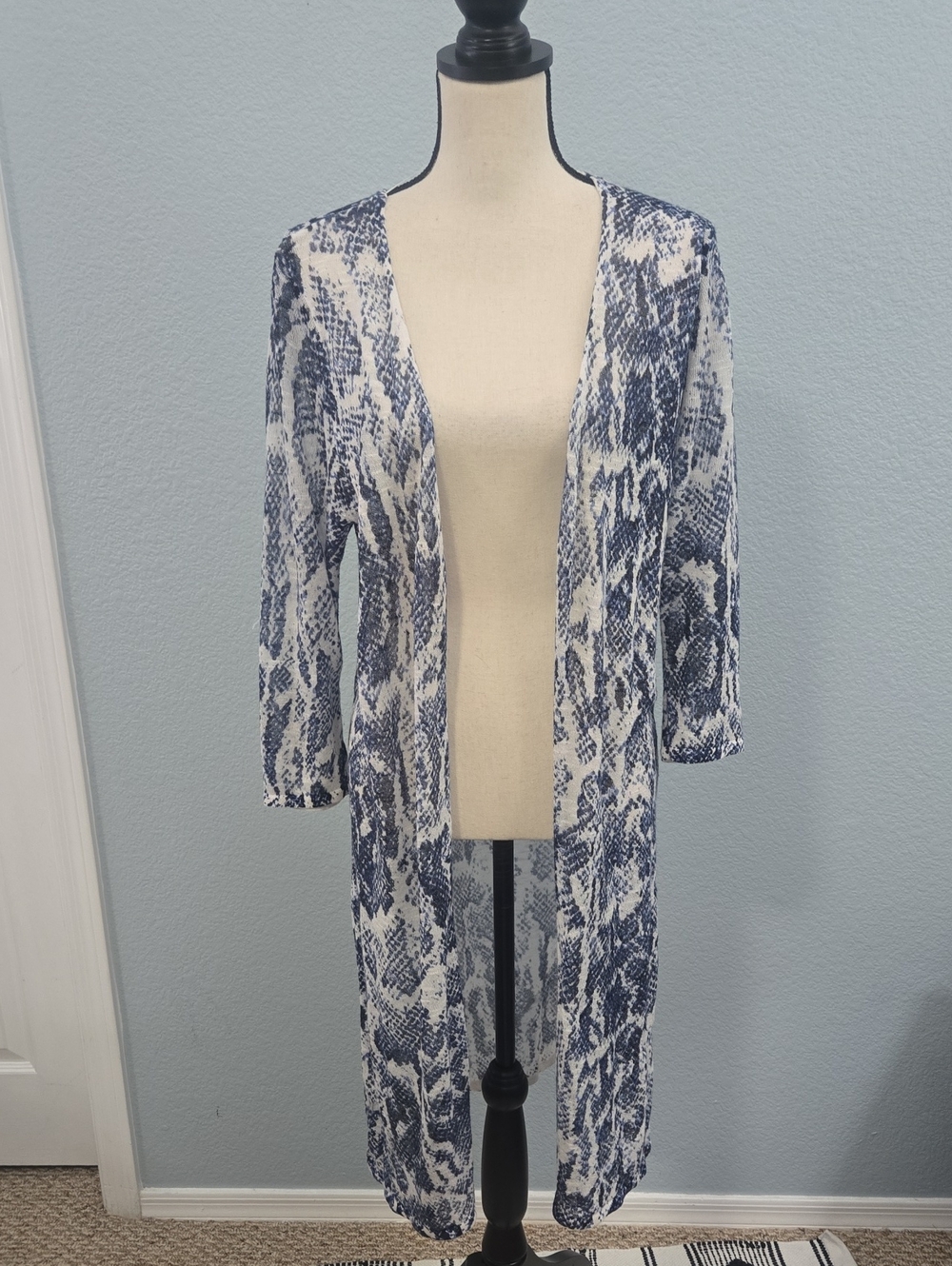 INC International Concepts Navy and White Snake-Print Open Cardigan DusterSz XXL